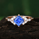 4 Prong Dainty Princess Cut Sapphire Enagement Ring Vintage Side Stone Ring